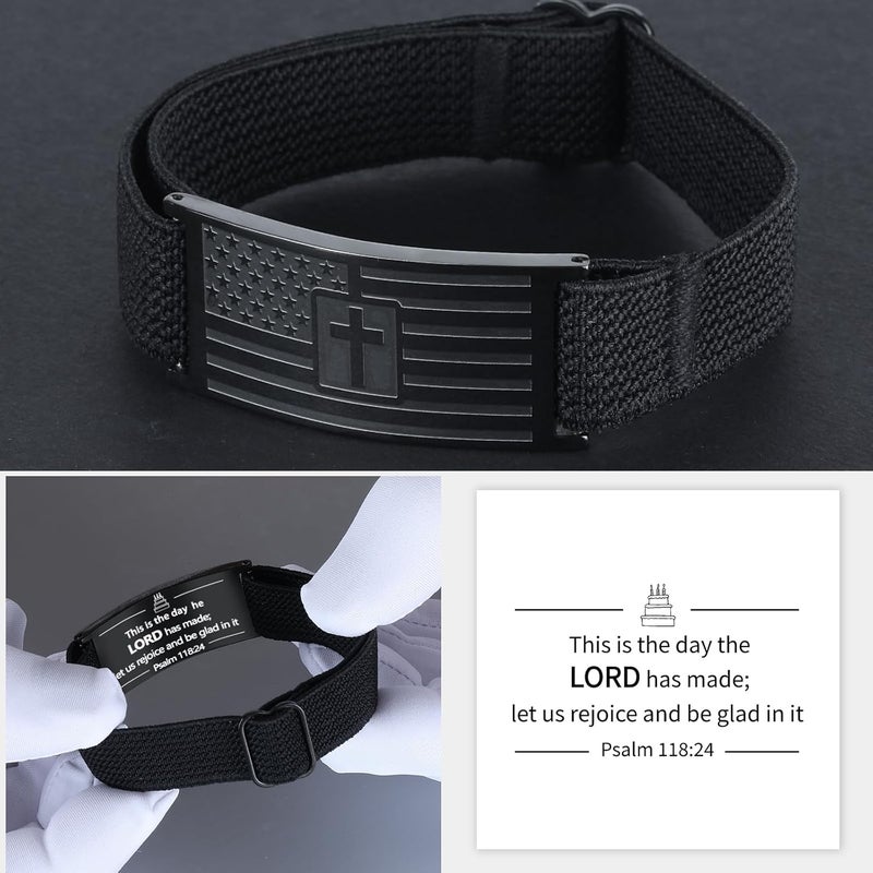 LDOWWGL Valentines Day Gifts - Mens Bracelet - American Flag Christian Cross Bracelet for Boys - Adjustable Black Elastic Stretch Strap with Bible Verse - Gift for Son Grandson - Image 5